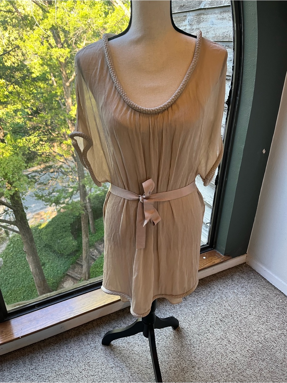 Diane Von Furstenberg Beige Sheer Pleated Belted Tunic